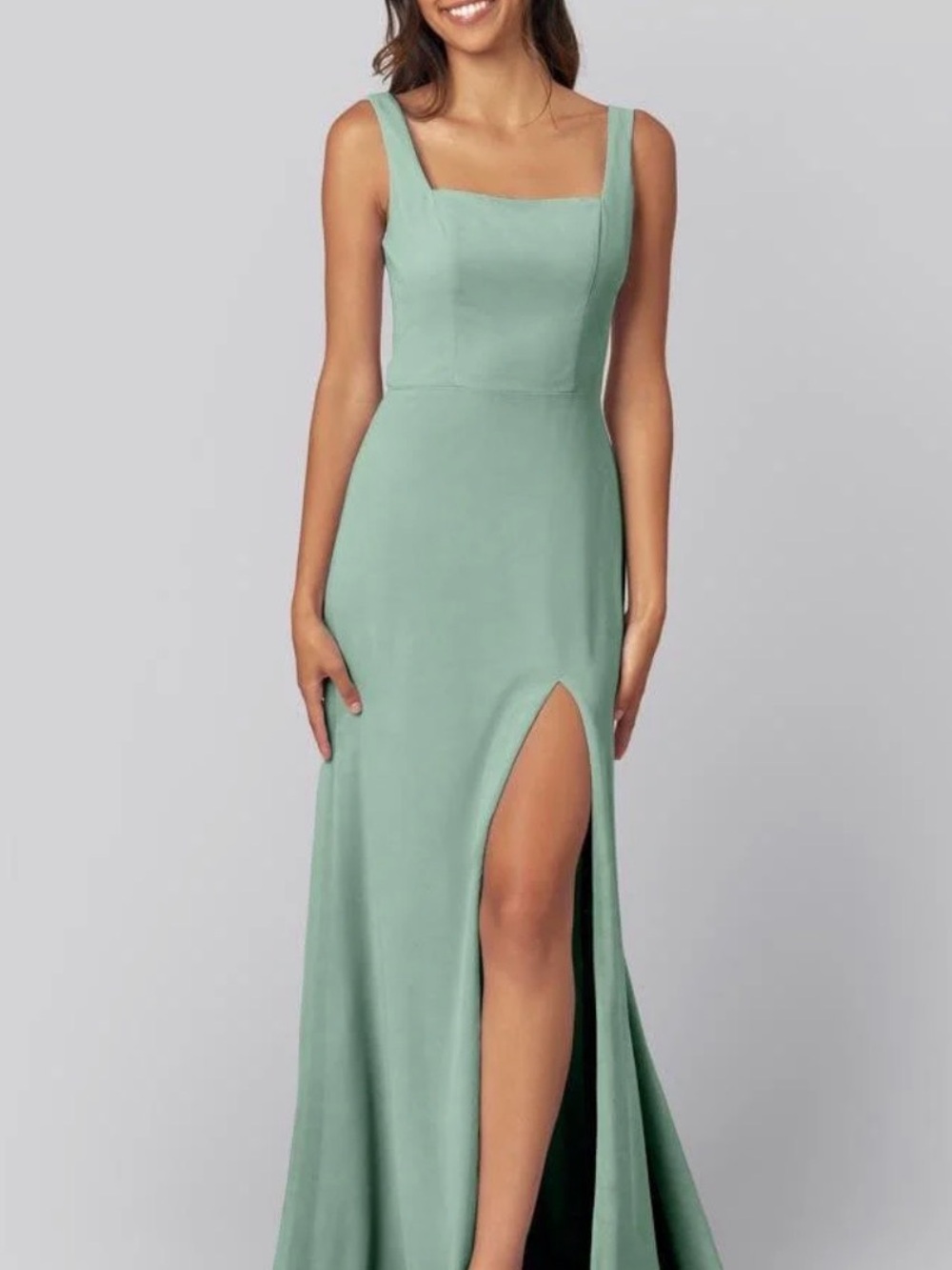 Kennedy Blue Square-Neck Sea Glass Green Bridesmaid Gown with Thigh Slit